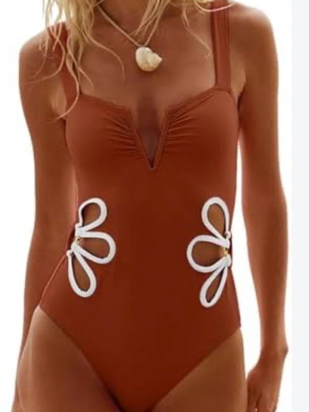 Follow Suit One-Piece Swim Suit cognac floral cutout White Trim gold ring large